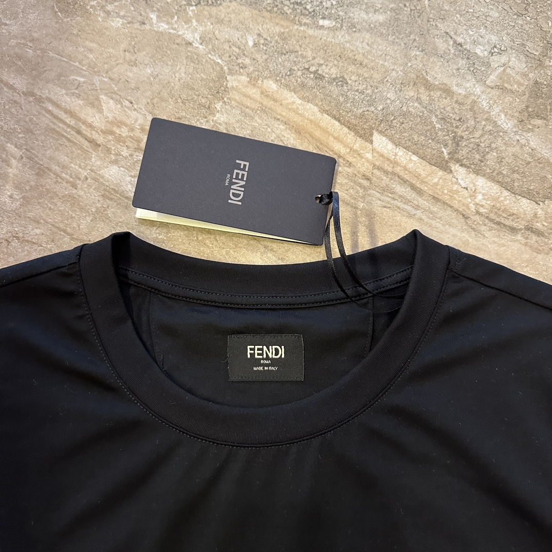 Replica Fendi Black Logo Printed Cotton Crew Neck Short Sleeve T-Shirt