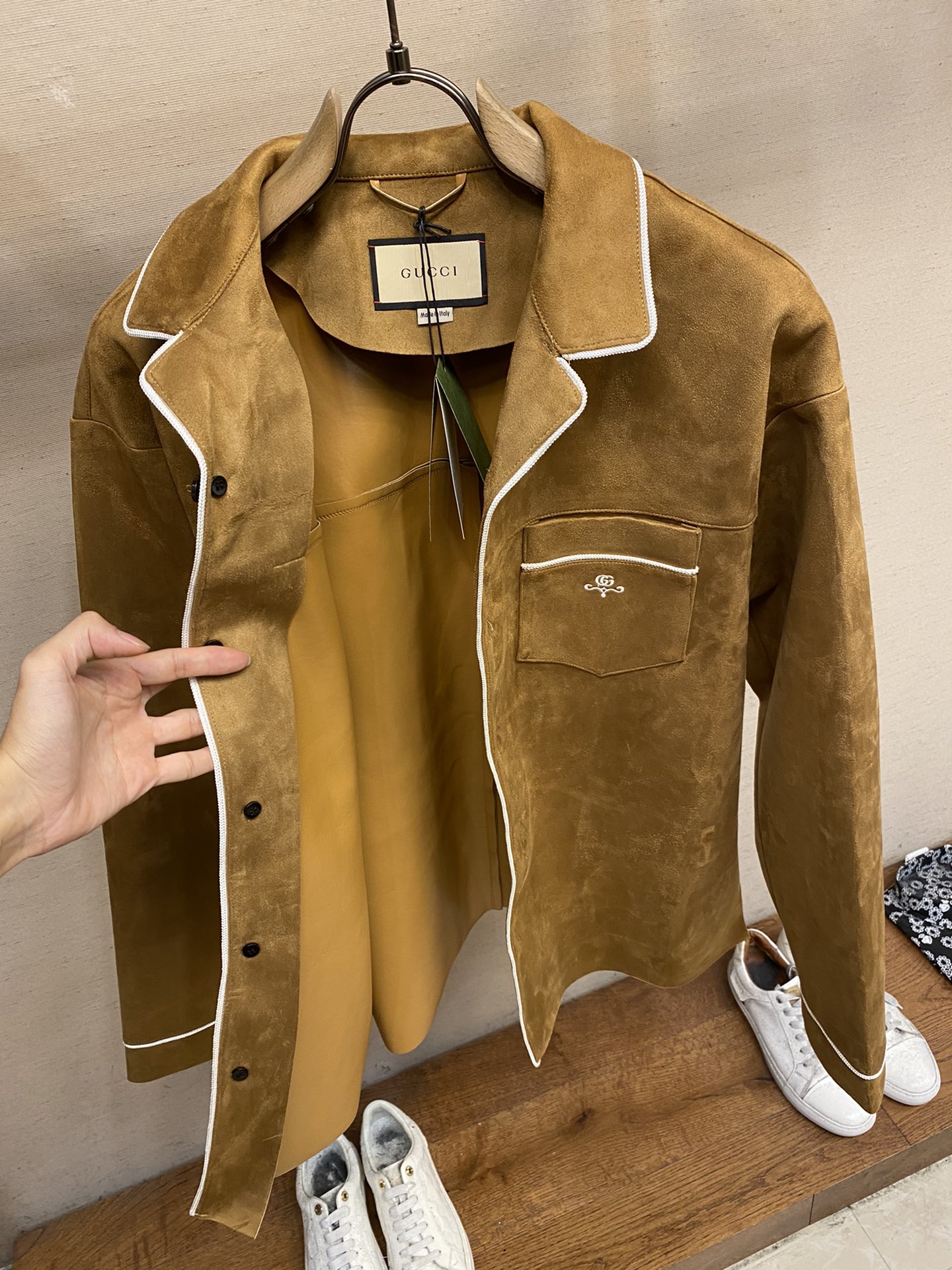 Replica Suede shirt with embroidery in brown | GUCCI® US