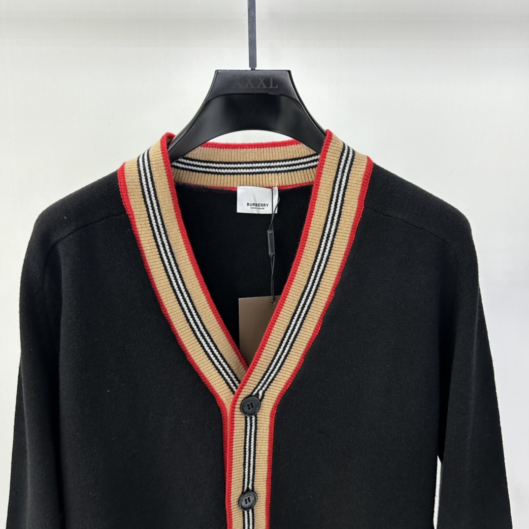 Replica BURBERRY Wool Cardigan With Iconic Stripe Pattern Finish Black