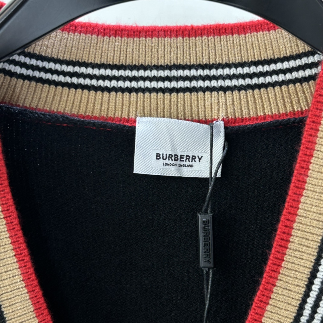 Replica BURBERRY Wool Cardigan With Iconic Stripe Pattern Finish Black