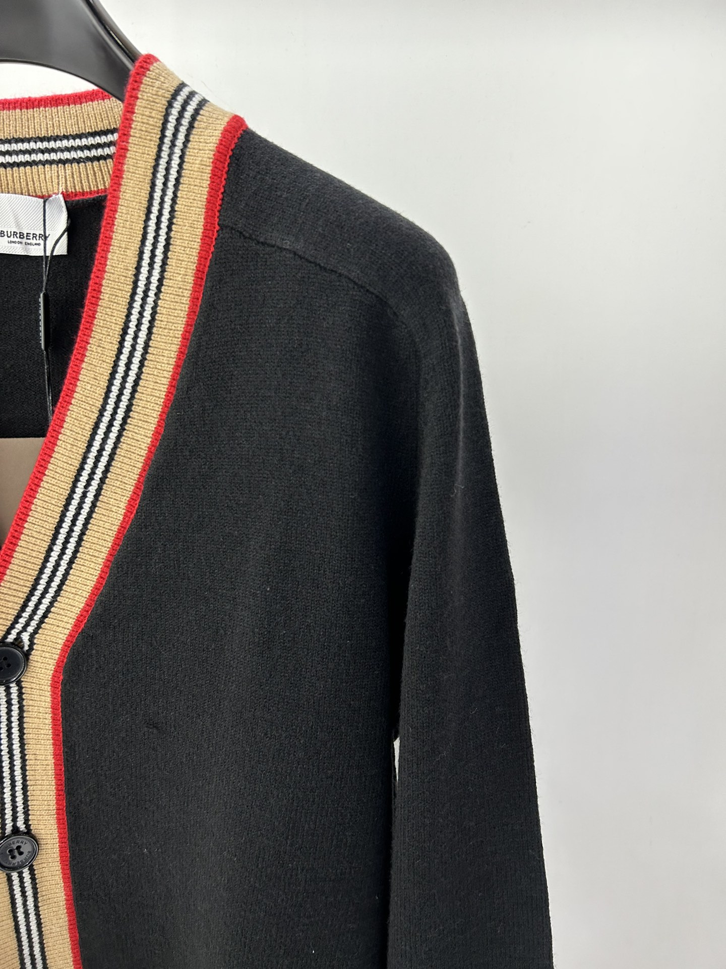 Replica BURBERRY Wool Cardigan With Iconic Stripe Pattern Finish Black