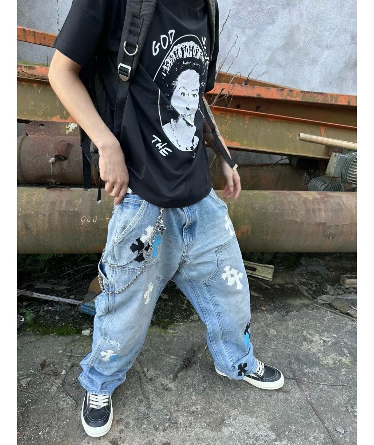 Replica Chrome Heart Street Style Retro Cross Print Straight Jeans in Blue