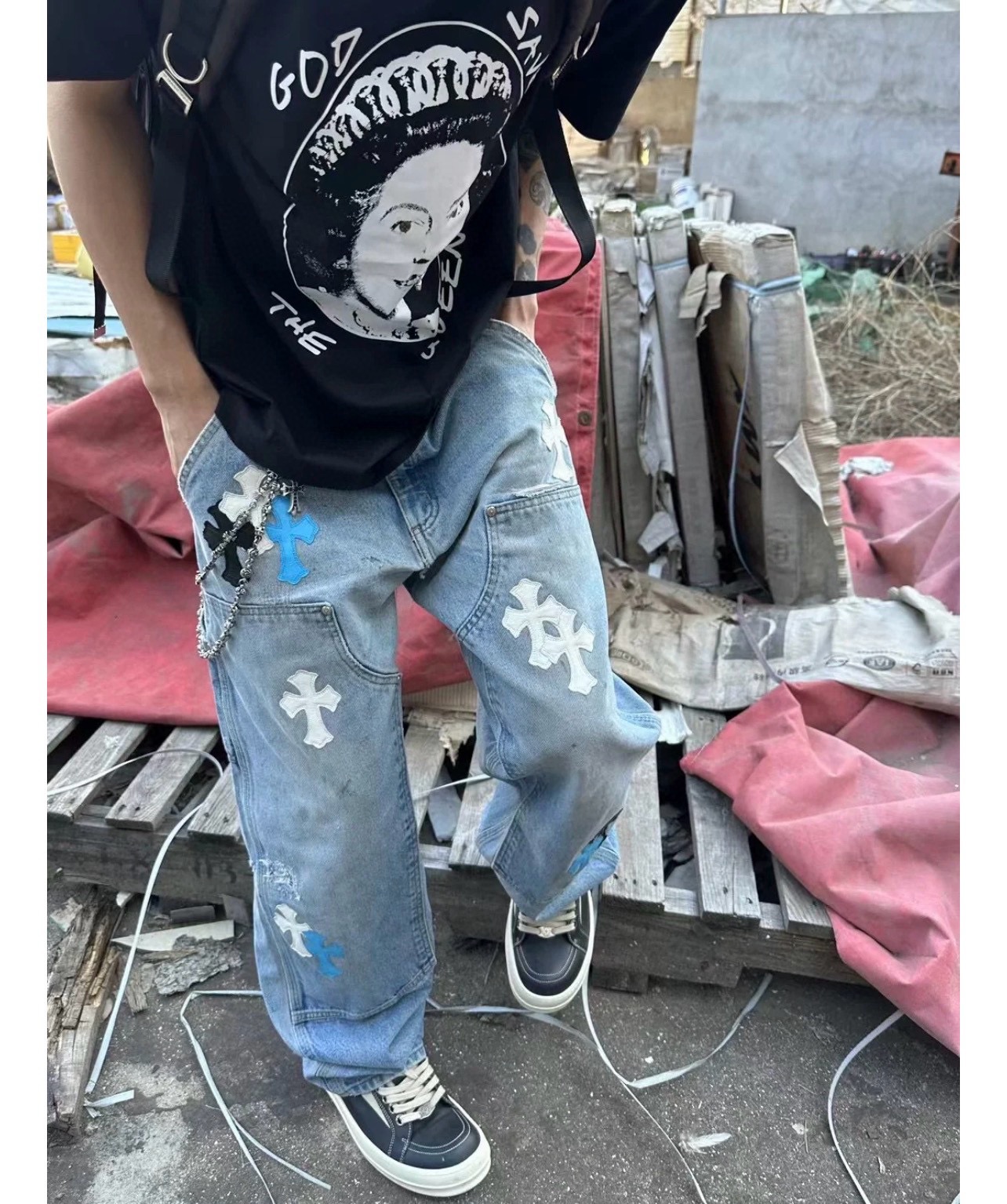 Replica Chrome Heart Street Style Retro Cross Print Straight Jeans in Blue