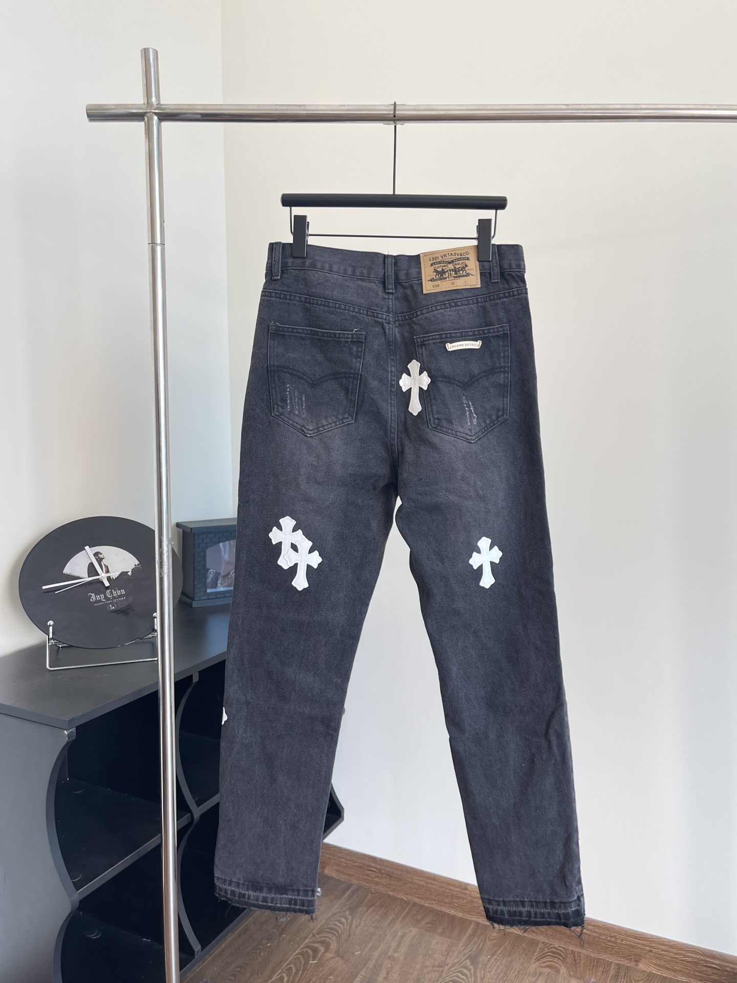 Replica Chrome Heart Cross Stitched Lather Jeans || Shop Now || Chrome Hearts