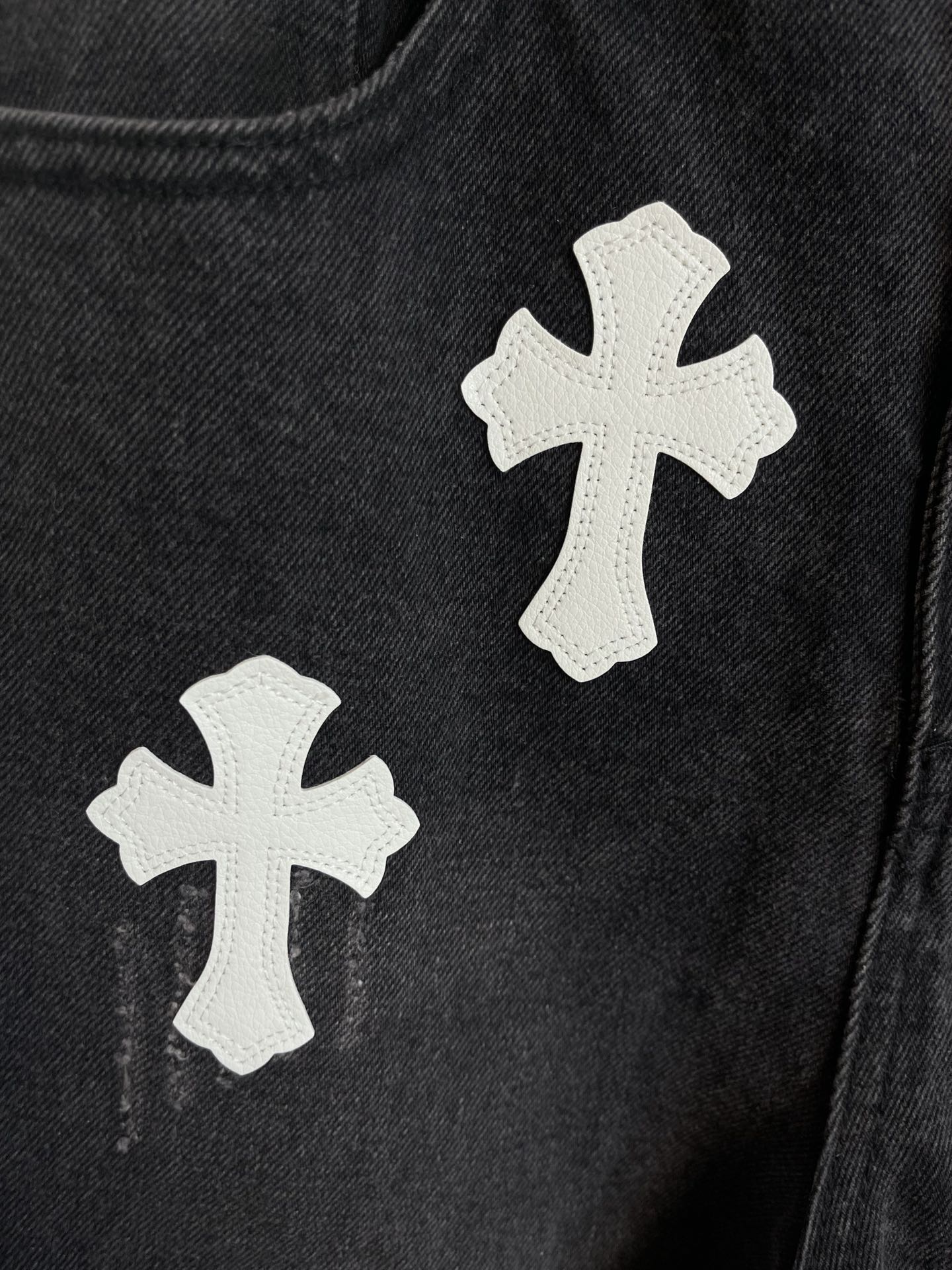 Replica Chrome Heart Cross Stitched Lather Jeans || Shop Now || Chrome Hearts