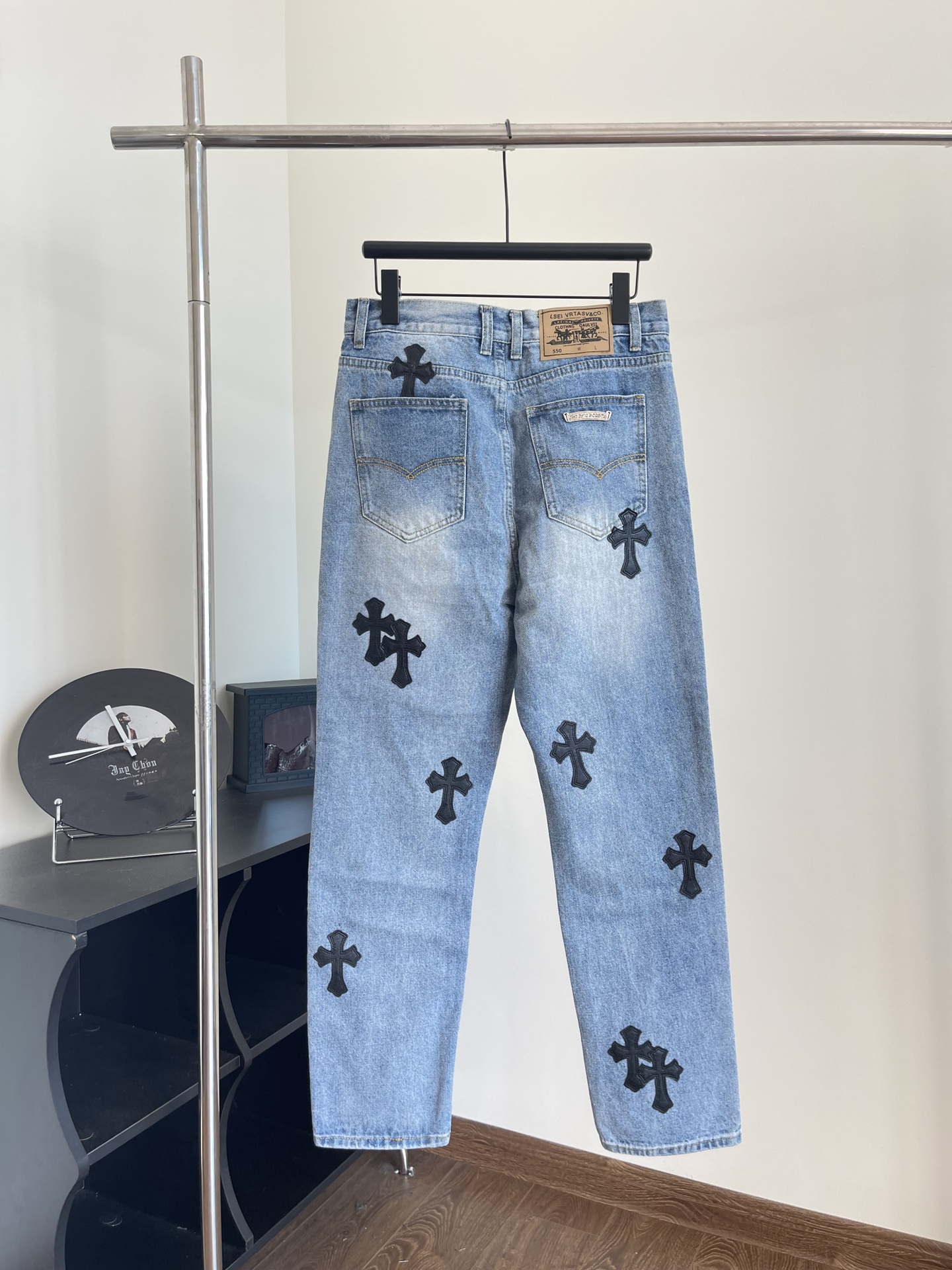 Replica Chrome Heart Jeans Black Leather Crosses