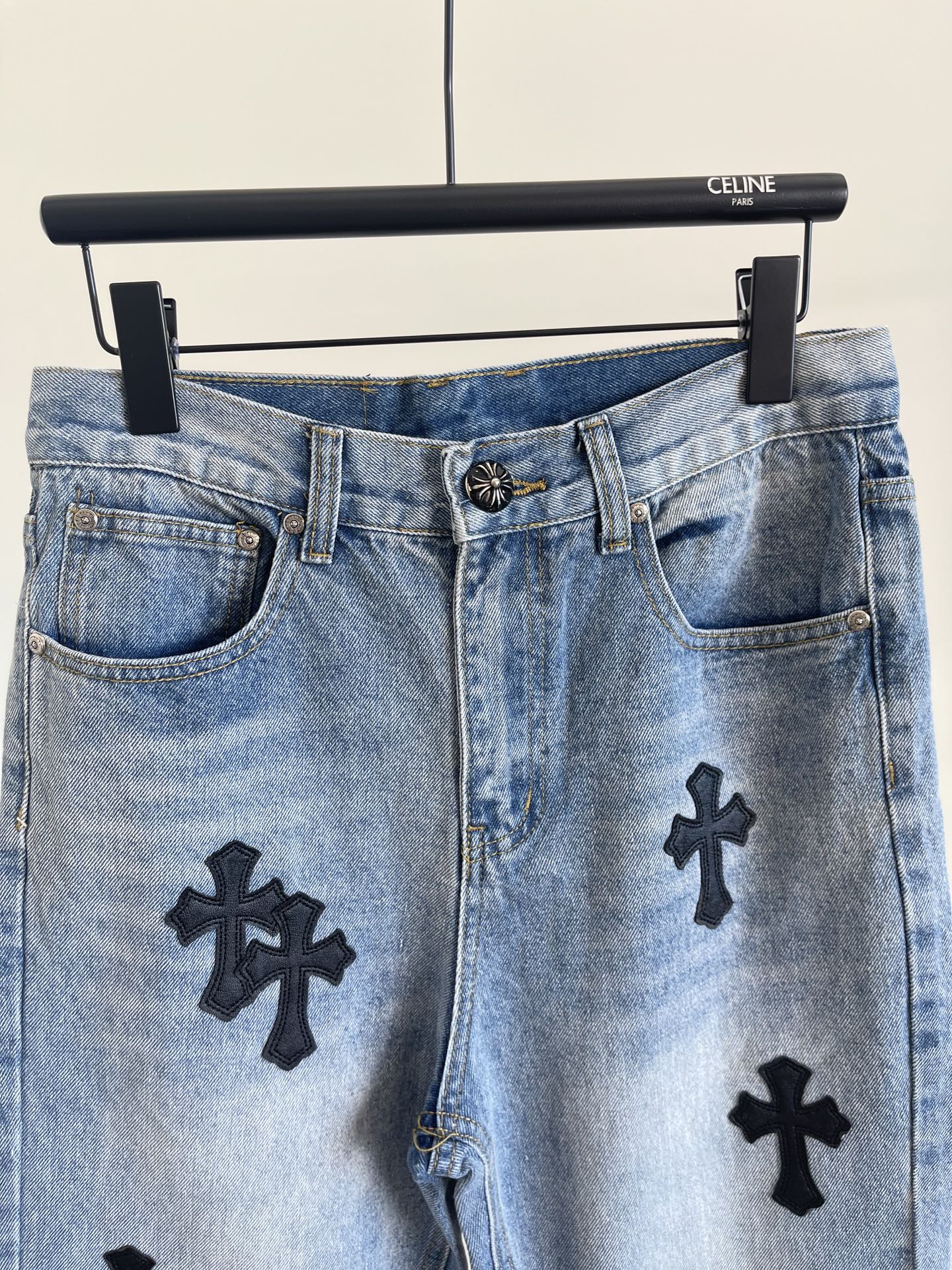 Replica Chrome Heart Jeans Black Leather Crosses