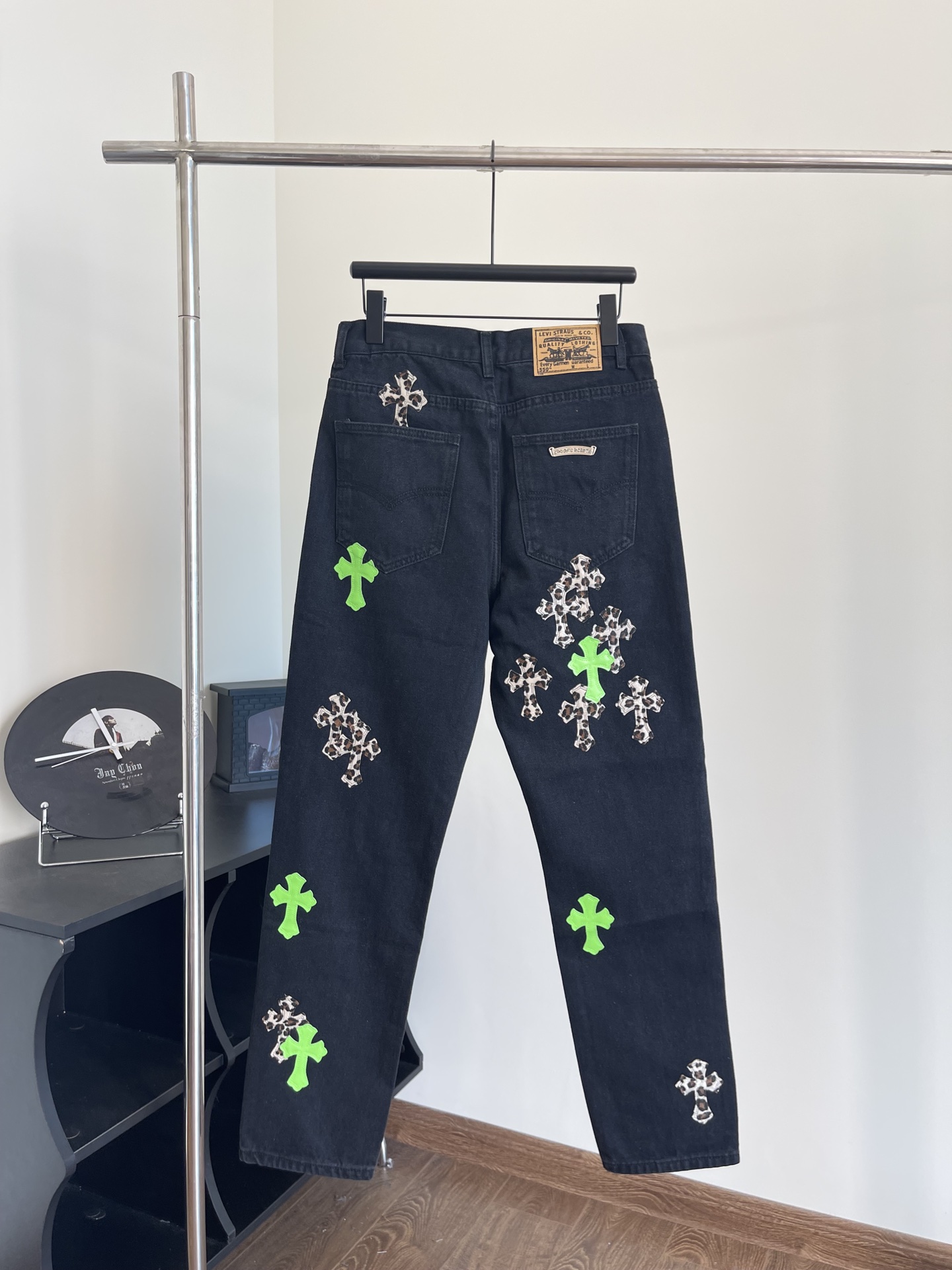 Replica Chrome Hearts Black Denim Jeans Green Leopard Crosses Size 33 $6,250 Available in-store & online | Instagram