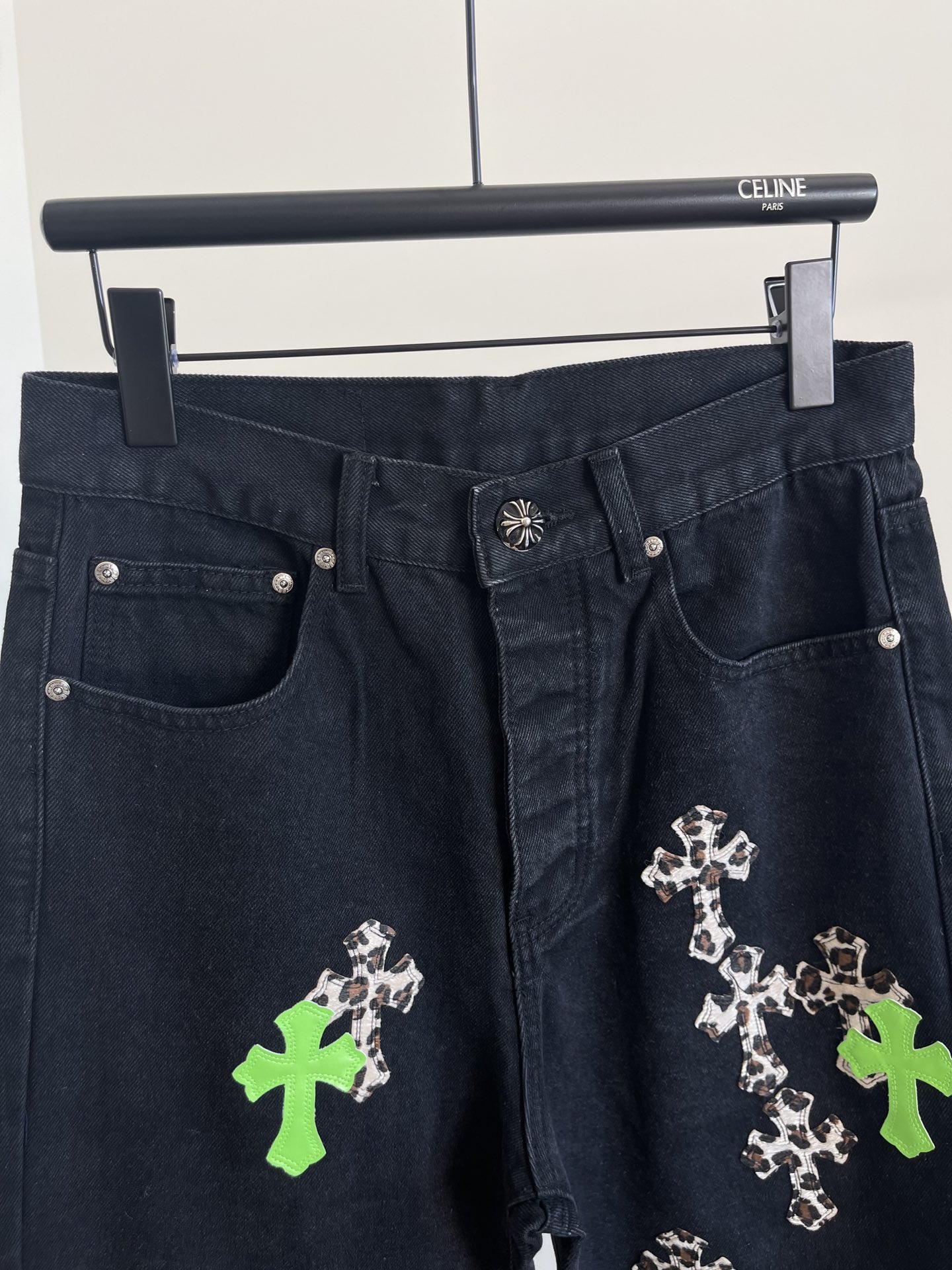 Replica Chrome Hearts Black Denim Jeans Green Leopard Crosses Size 33 $6,250 Available in-store & online | Instagram