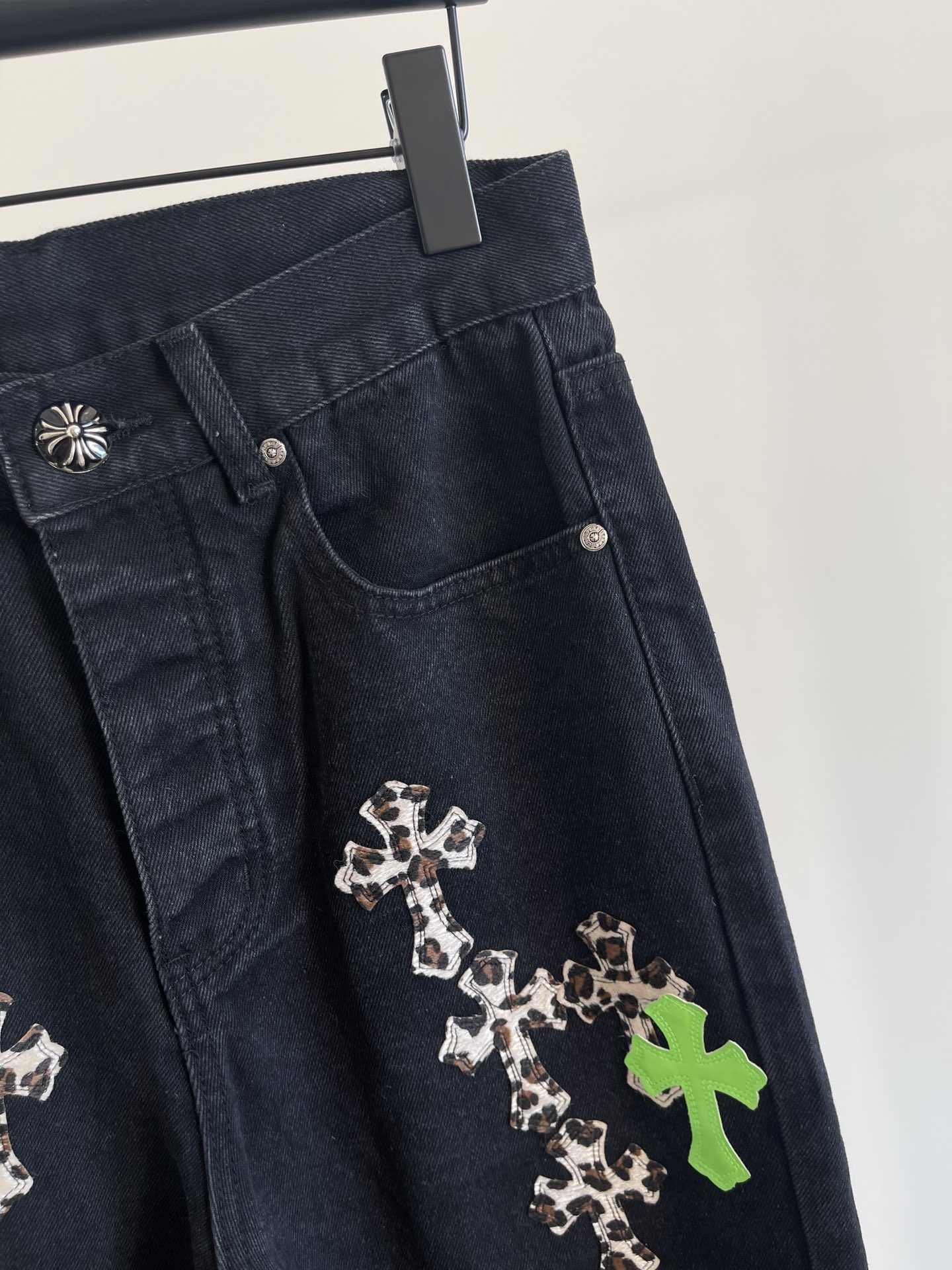 Replica Chrome Hearts Black Denim Jeans Green Leopard Crosses Size 33 $6,250 Available in-store & online | Instagram
