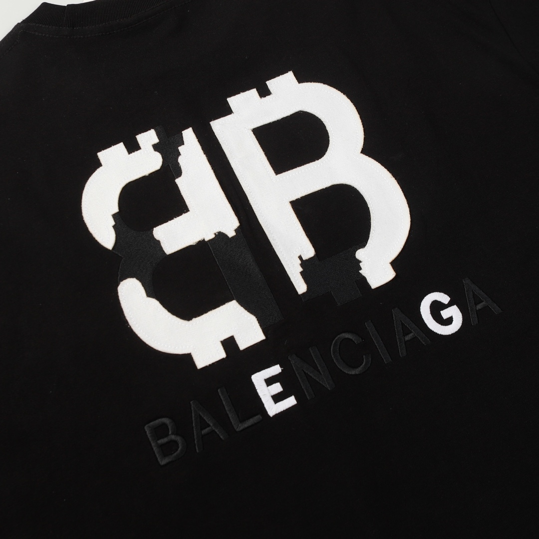 Replica Balenciaga Fire Applique front and Back Embroidery craft short sleeve T-shirt Black