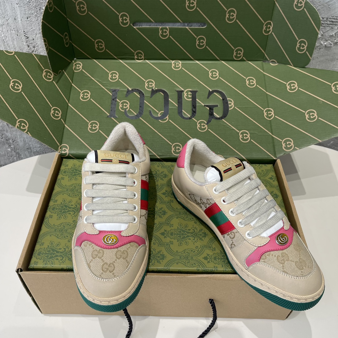 Replica Gucci GG Logo Screener Web Stripe Beige with Pink Leather Trim