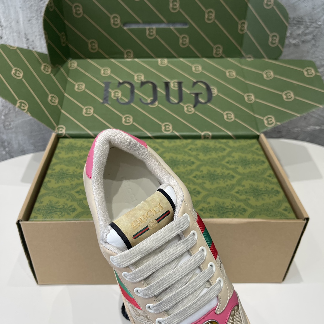Replica Gucci GG Logo Screener Web Stripe Beige with Pink Leather Trim