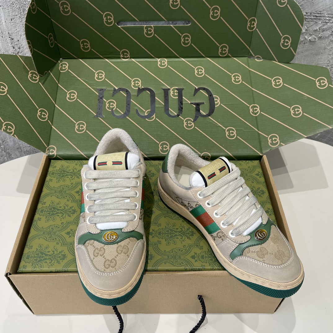 Replica Gucci Distressed Screener GG Sneakers in Green Red, Men's