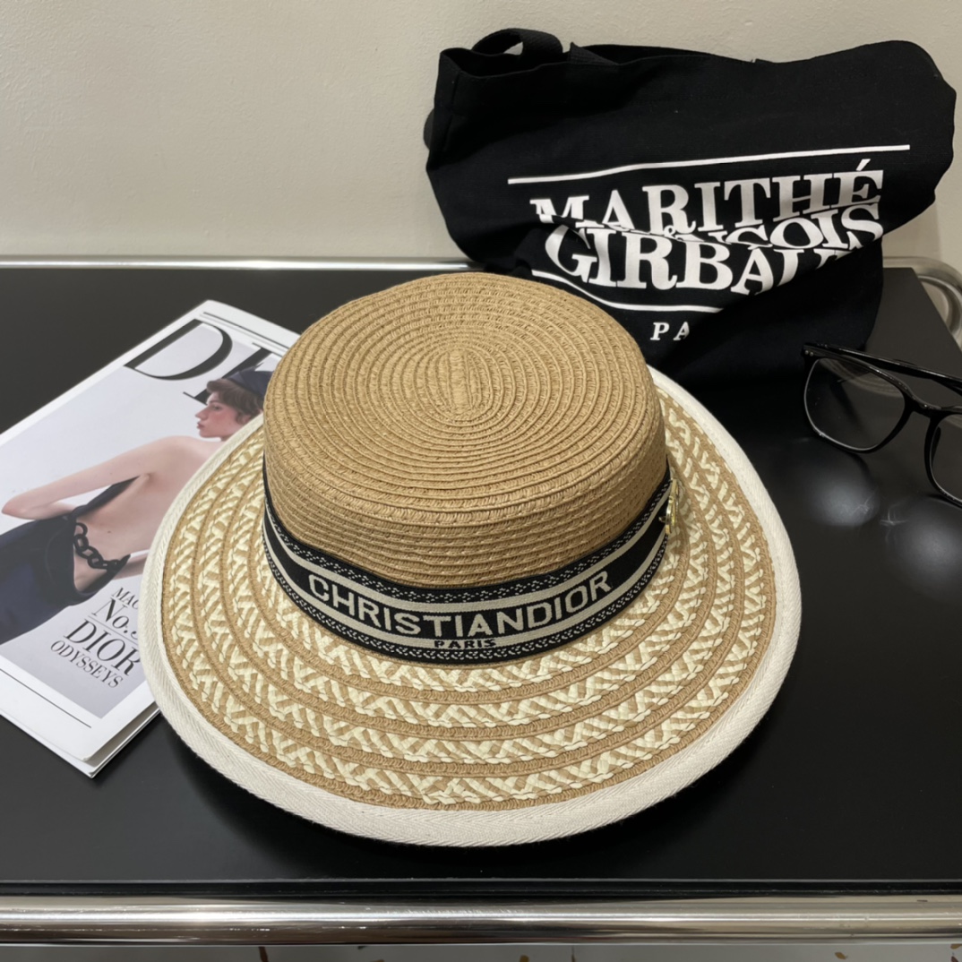 Replica Dior holiday straw hat with jacquard monogrammed pearl ribbon