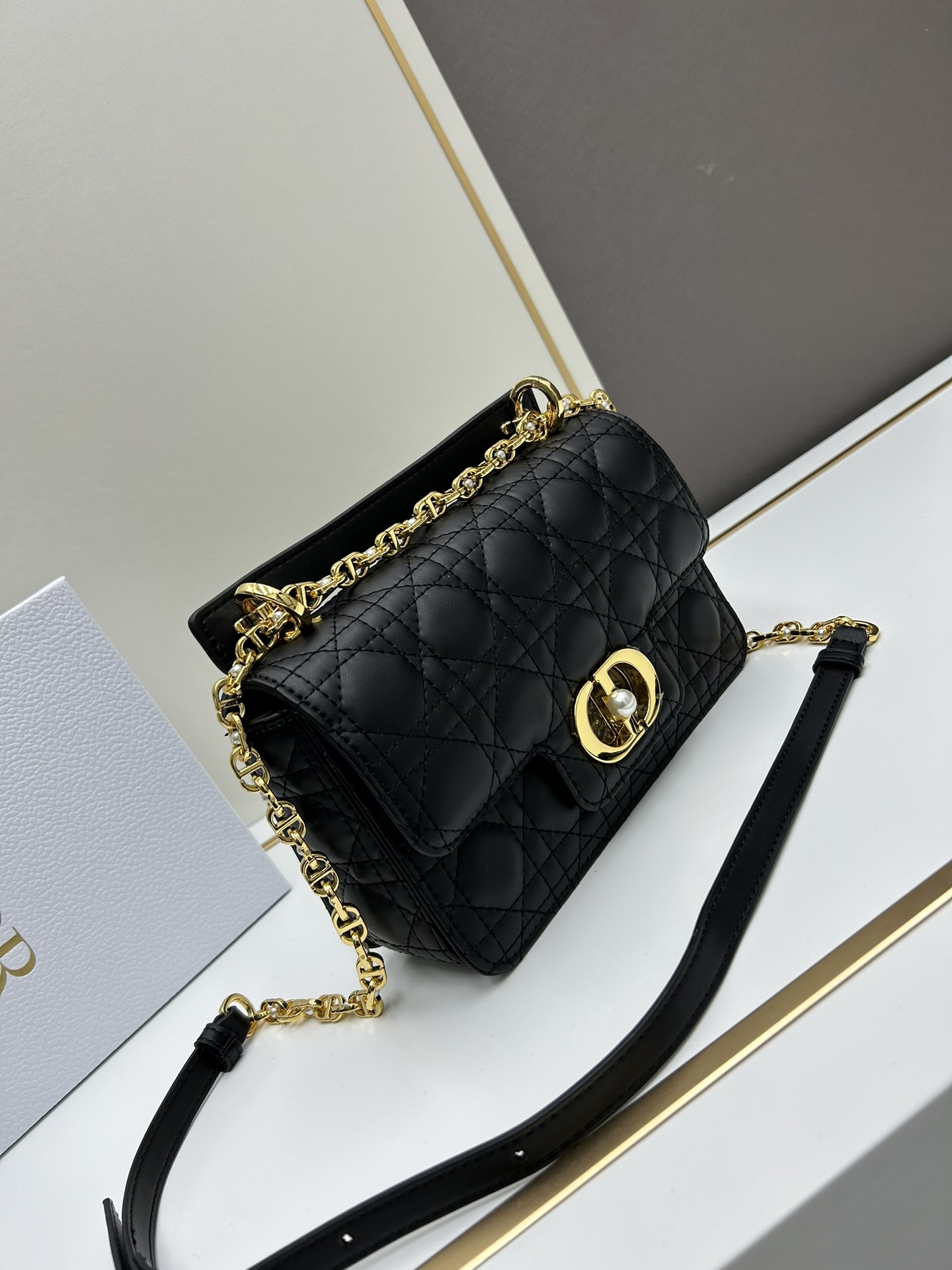 Replica DIOR - Mini Dior Jolie Top Handle Bag Black Cannage Calfskin - Women