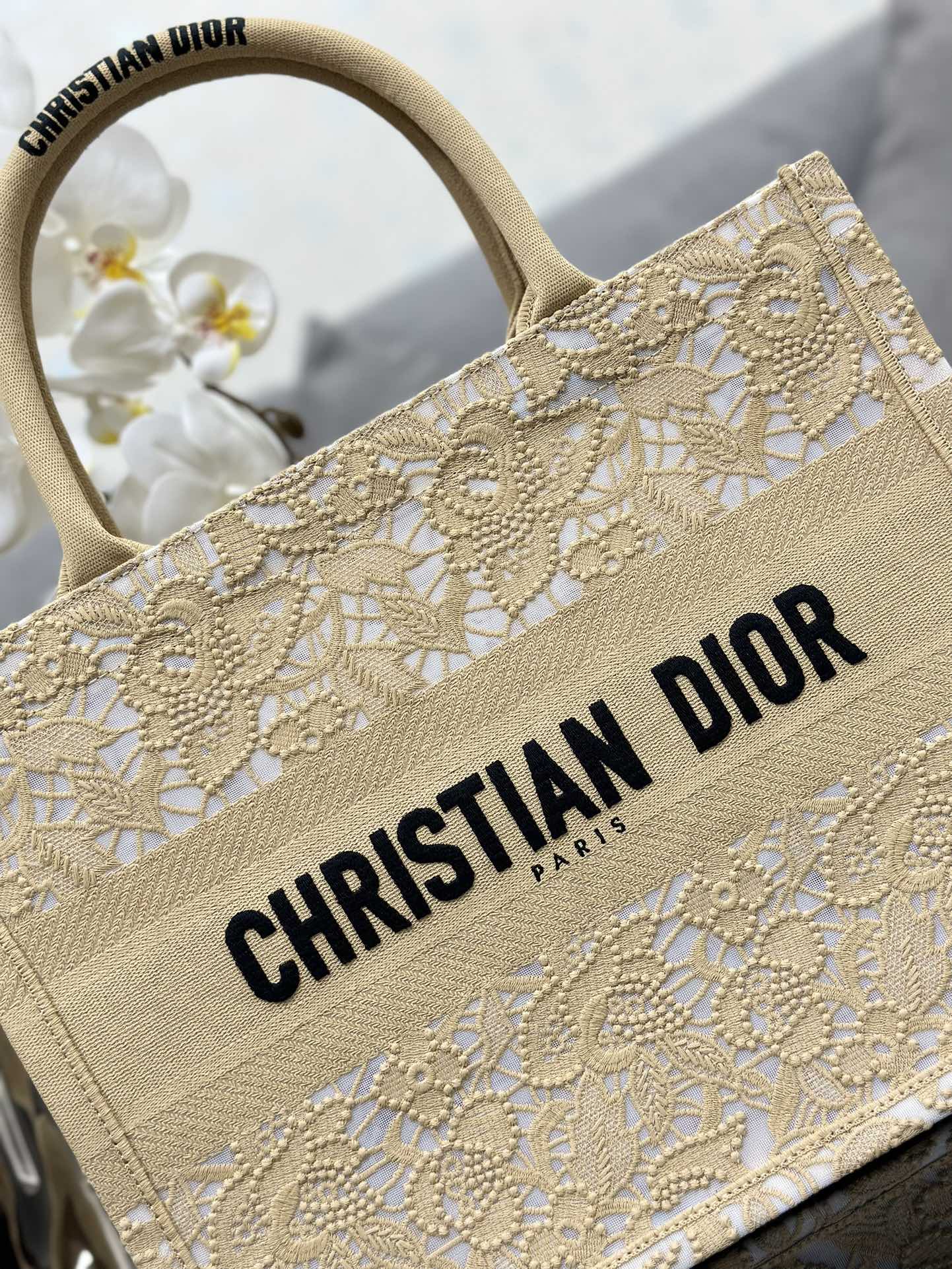 Replica DIOR Book Tote medium lace apricot shopping bag