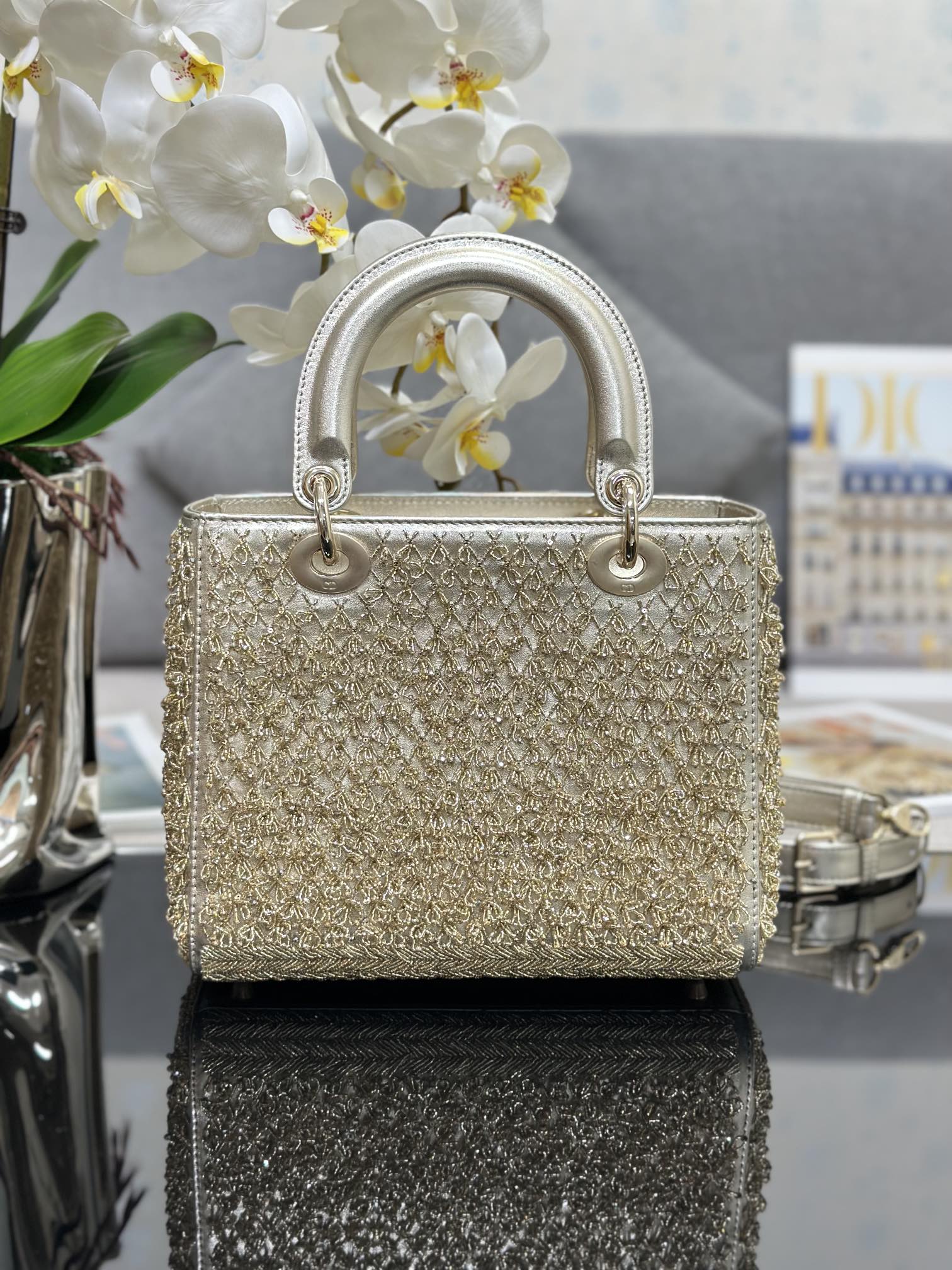 Replica Lady DIOR Bag with Five lattice embroidery beaded goldLady DIOR Bag with Five lattice embroidery beaded gold