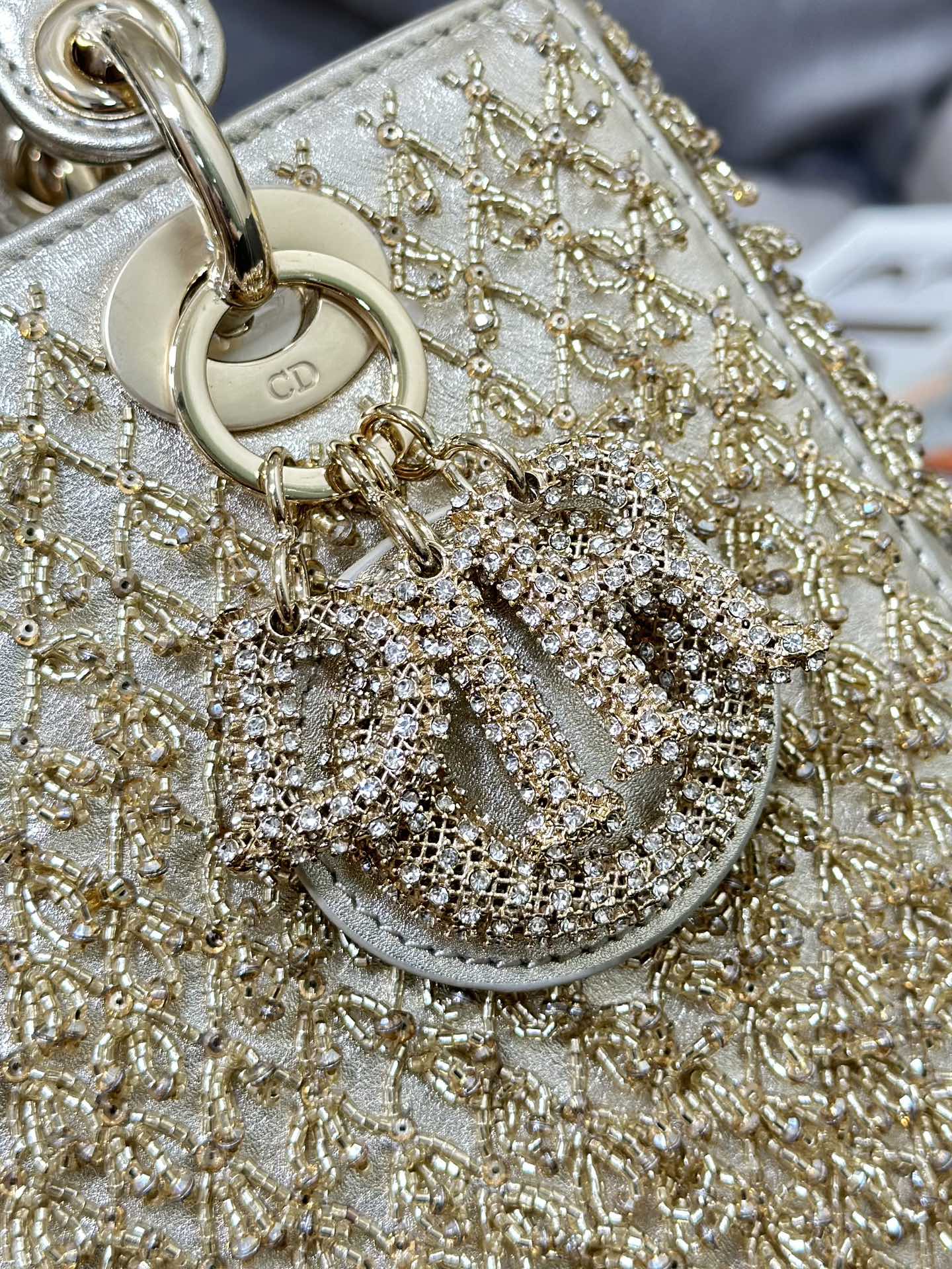 Replica Lady DIOR Bag with Five lattice embroidery beaded goldLady DIOR Bag with Five lattice embroidery beaded gold