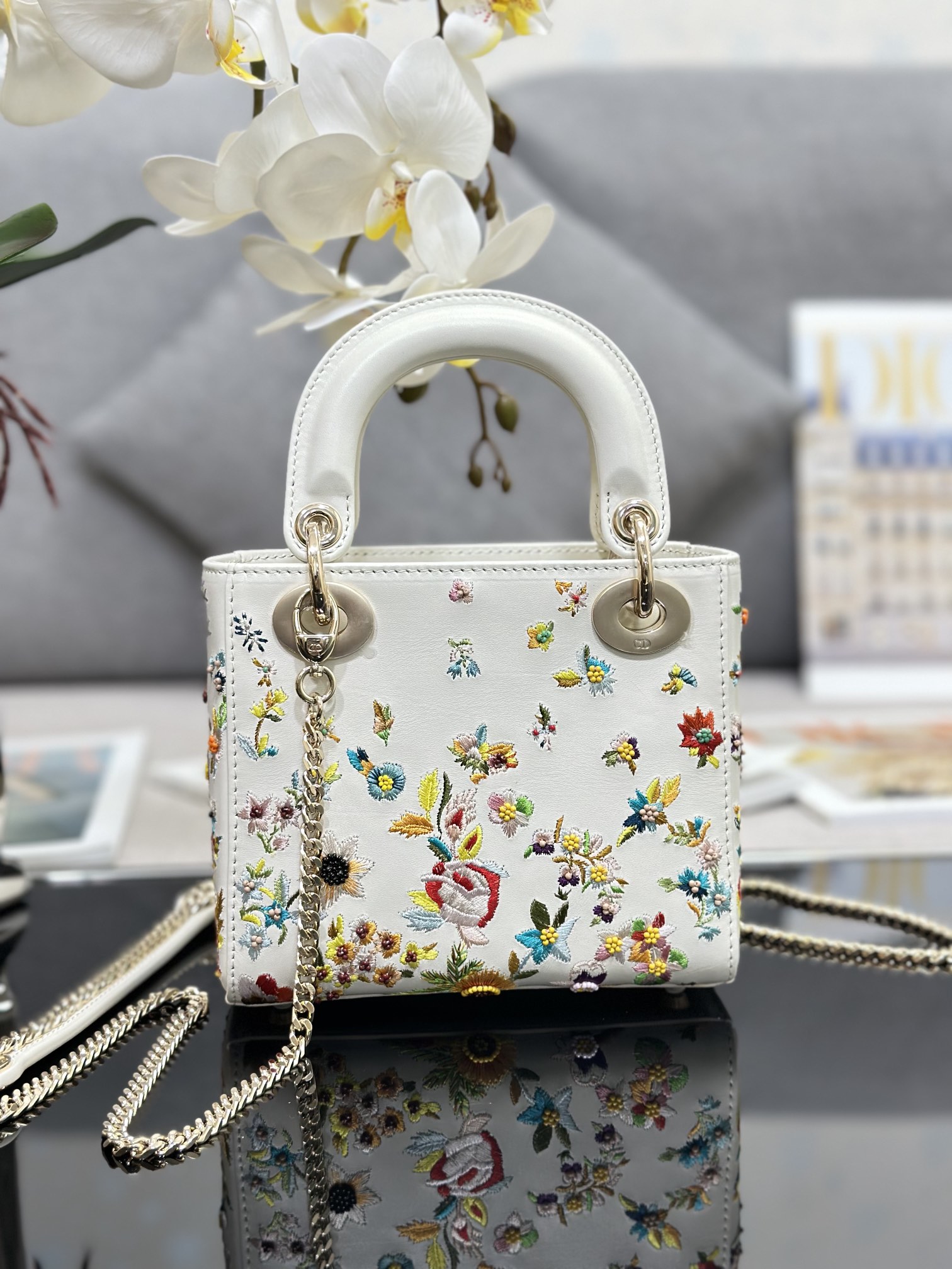 Replica Mini Lady Dior Bag Latte Calfskin Embroidered with Multicolor Small Flowers