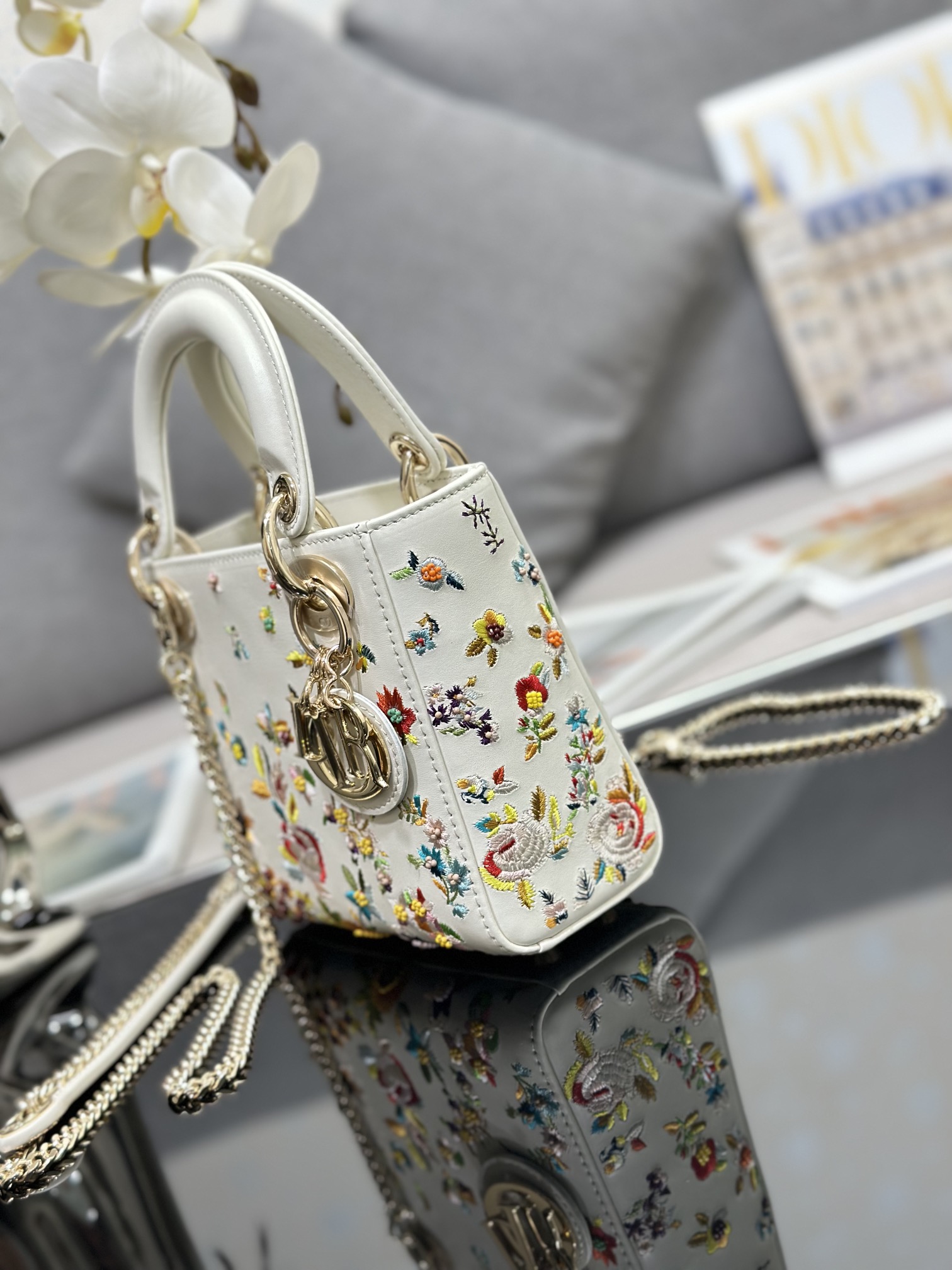 Replica Mini Lady Dior Bag Latte Calfskin Embroidered with Multicolor Small Flowers