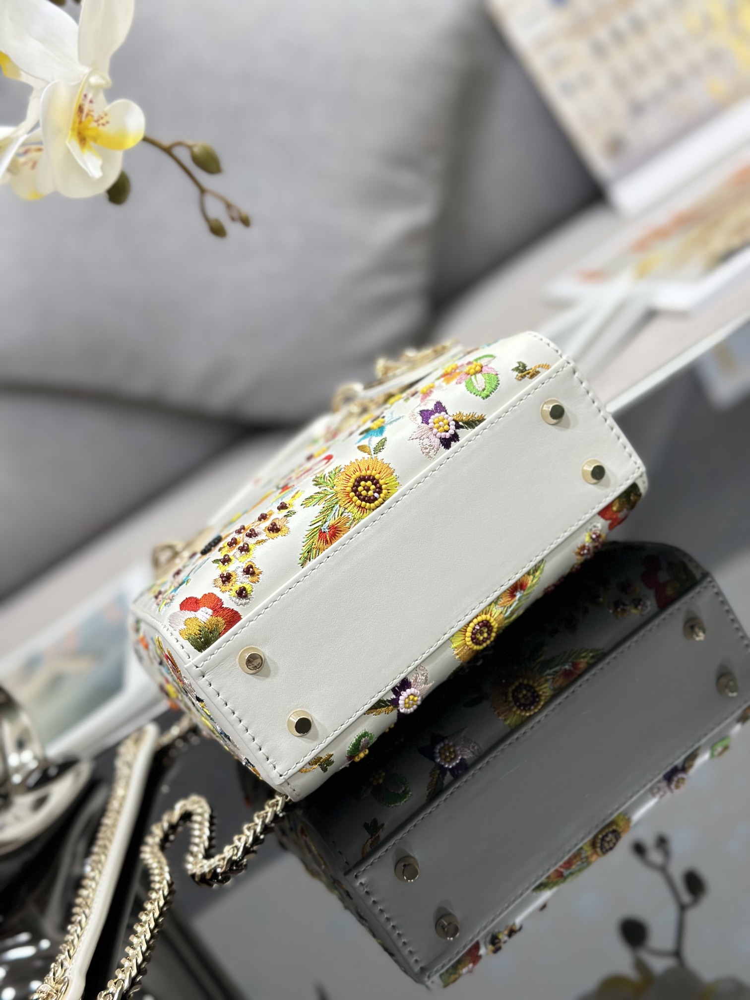 Replica Mini Lady Dior Bag Latte Calfskin Embroidered with Multicolor Small Flowers