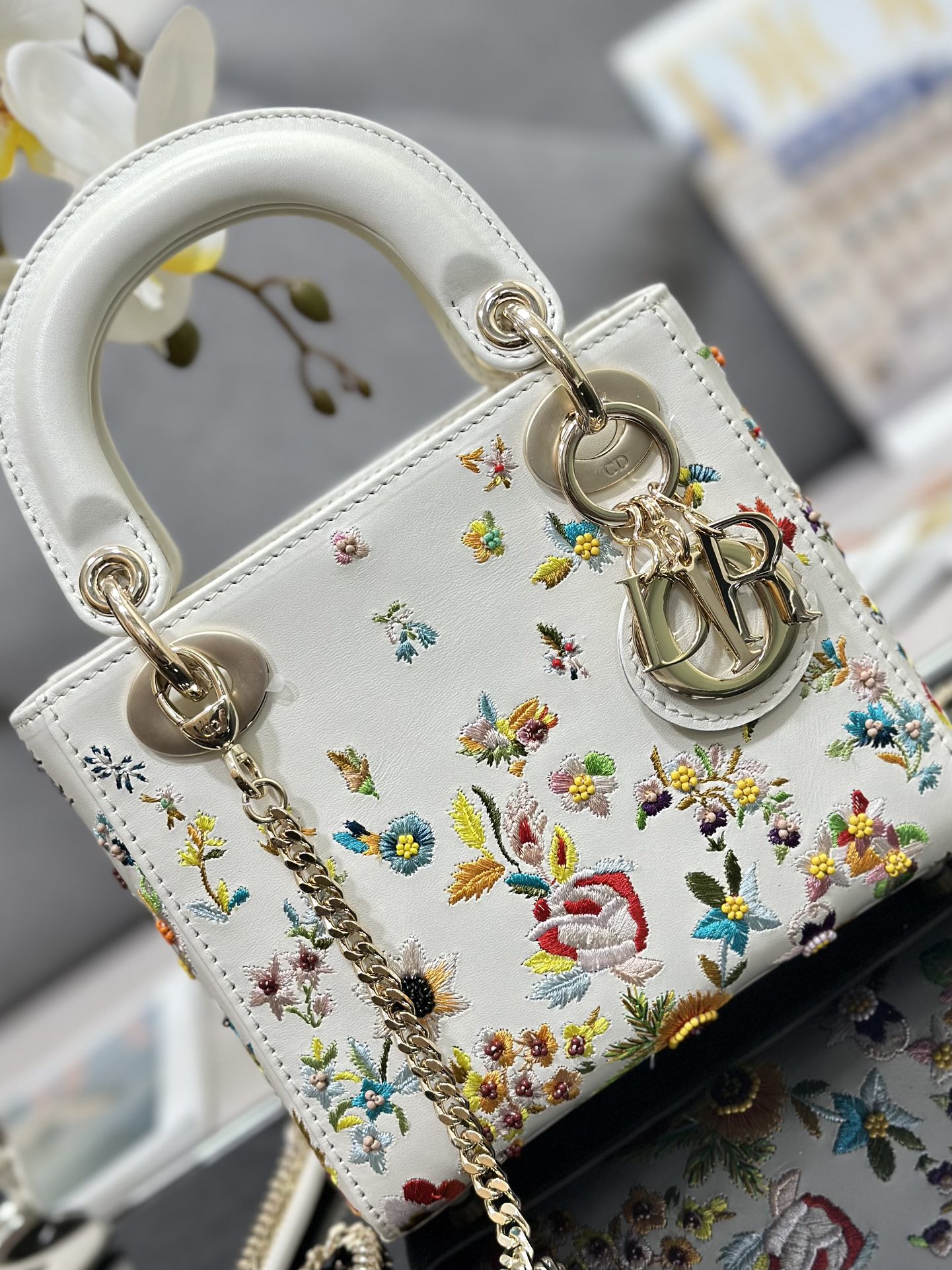 Replica Mini Lady Dior Bag Latte Calfskin Embroidered with Multicolor Small Flowers