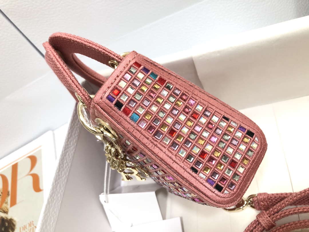 Replica Lady Dior Bag Dark Pink Metallic Canvas Embroidered with Multicolor Crystals