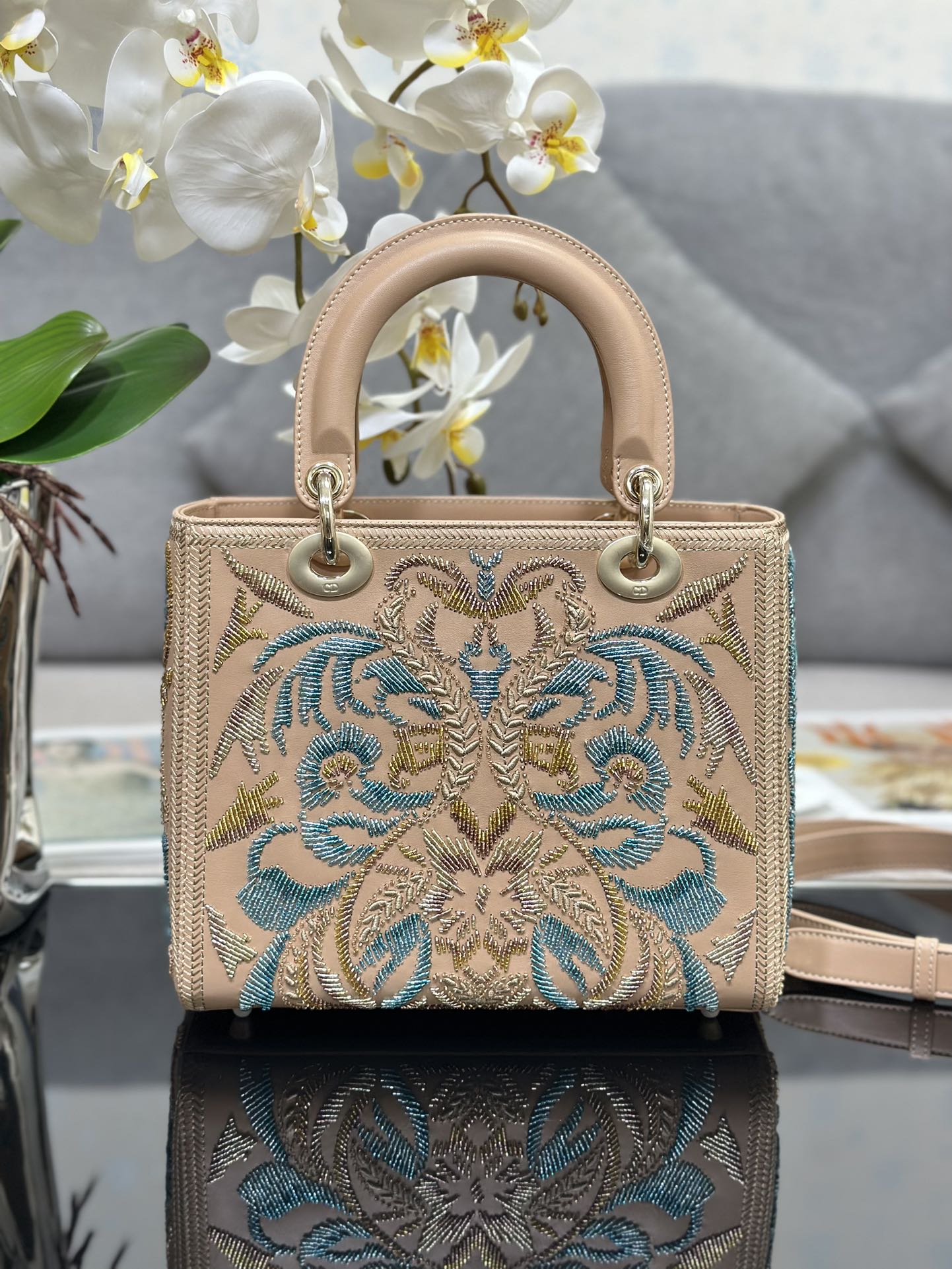 Replica Dior 5 check embroidered floral bead chain bag