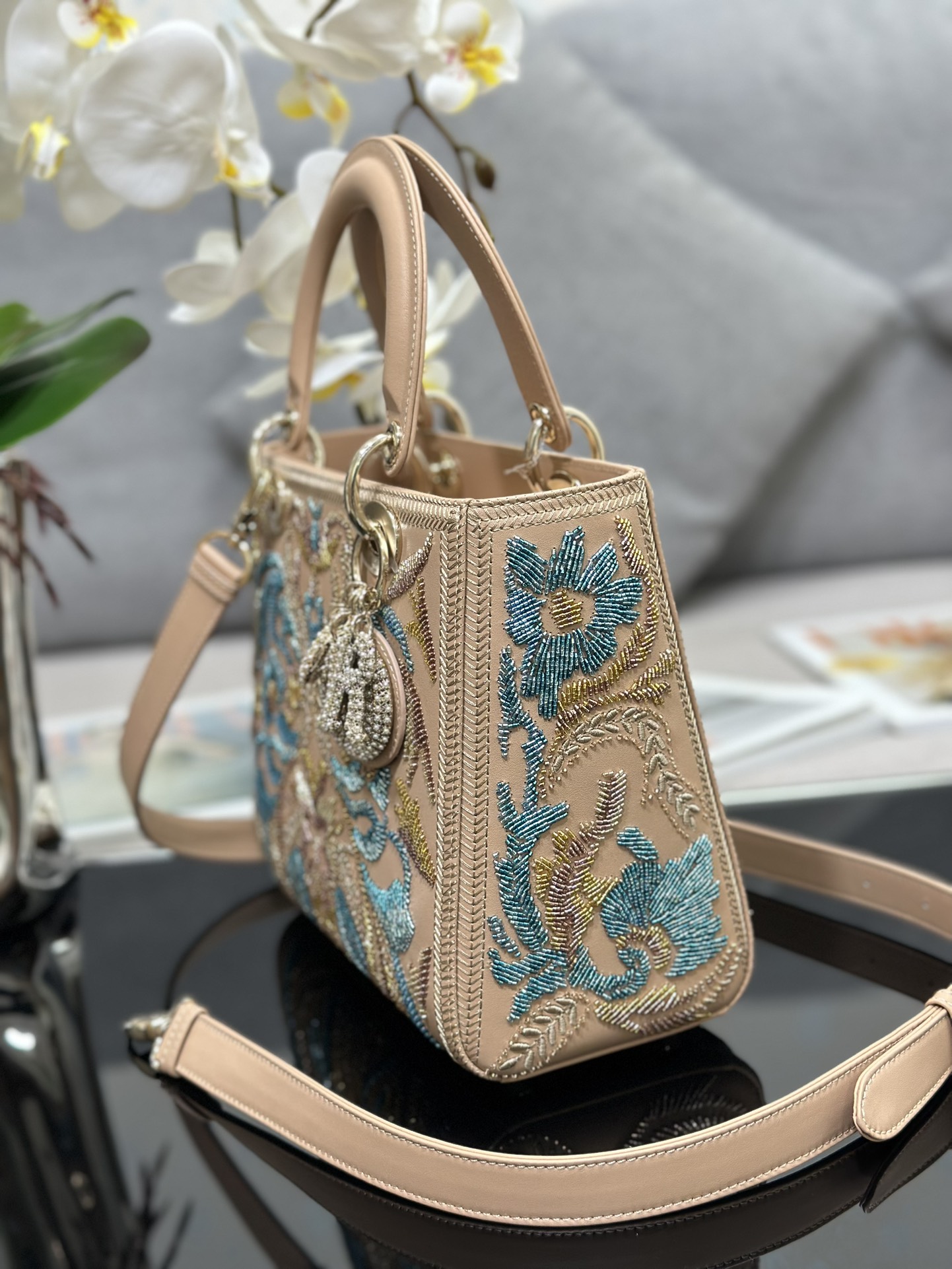 Replica Dior 5 check embroidered floral bead chain bag