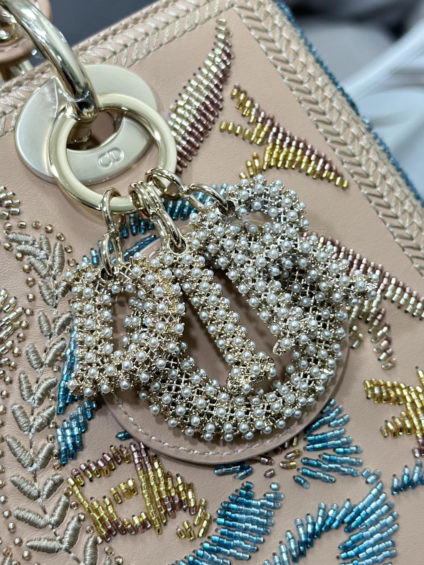 Replica Dior 5 check embroidered floral bead chain bag