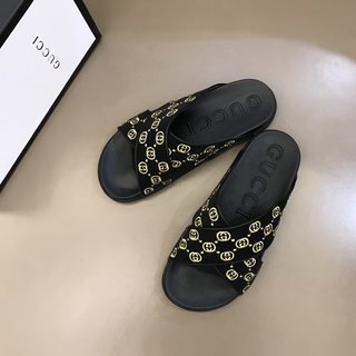 Replica Gucci Slipper in Black with Brown Logo