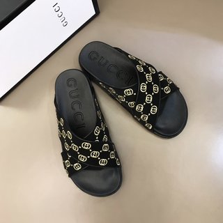 Replica Gucci Slipper in Black with Brown Logo