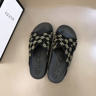 Replica Gucci Slipper in Black with Brown Logo