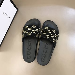 Replica Gucci Slipper in Black with Brown Logo