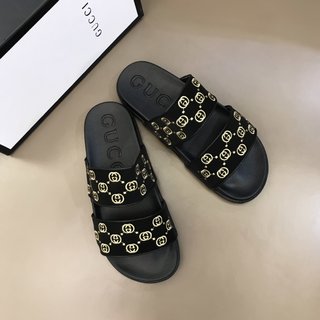 Replica Gucci Slipper in Black with Brown Logo